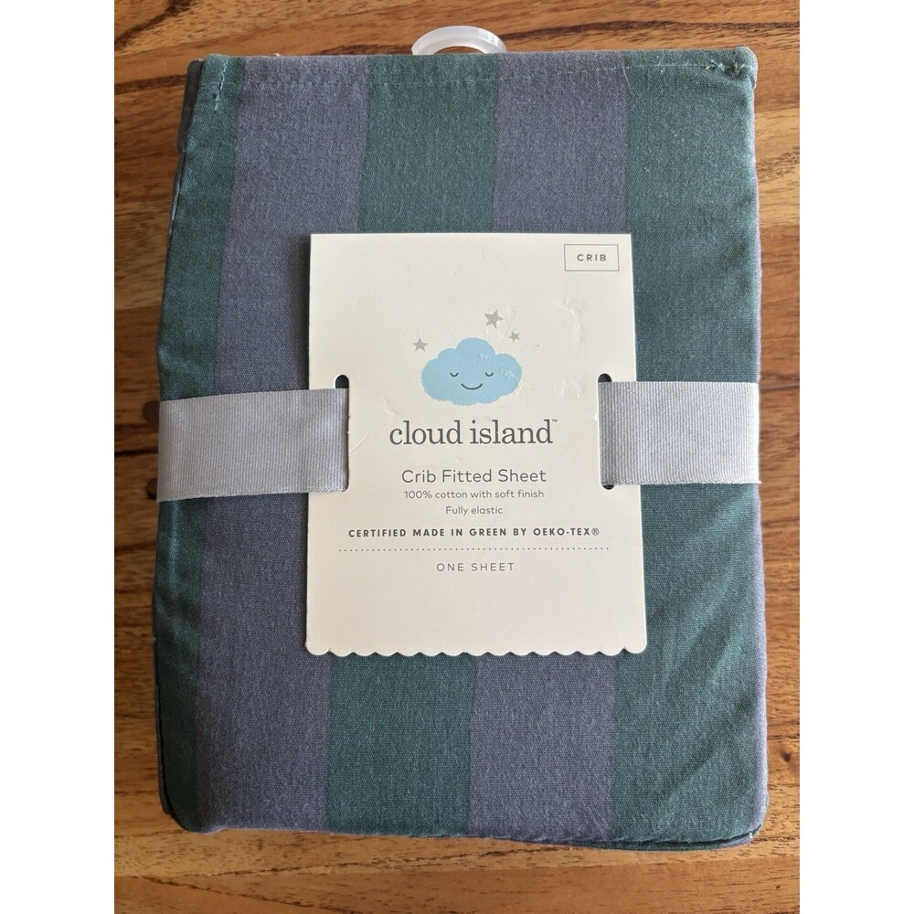 Cloud Island Crib Fitted Sheet Gray Green Stripe 100% Cotton